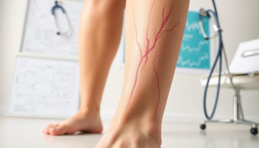    Близкий план ног человека с варикозными венами и медицинским окружением врача, подчеркивающим проблемы со здоровьем.