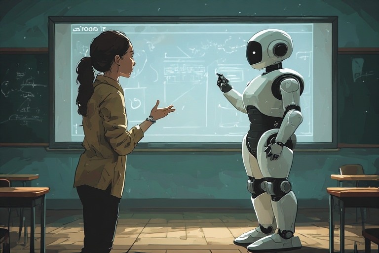 Футуристический урок в самом разгаре. Андроид-учитель объясняет новую тему, а ученики внимательно слушают. Так выглядит школа будущего уже сегодня?