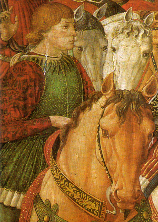 Вот этот буйный красавчик, Сиджизмондо Пандольфо Малатеста на фреске кисти Беноцци Гоццоли. 1459 год. Капелла Волхвов, палаццо Медичи Риккарди, Флоренция, Италия.