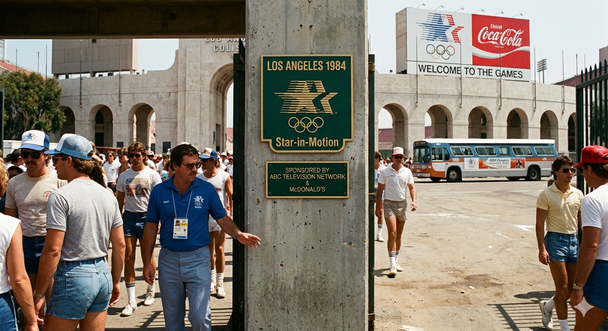 Олимпийские игры 1984 года в Лос-Анджелесе. Атмосфера тех лет возле Мемориального Колизея, украшенного символикой Игр и рекламой спонсоров. Изображение сгенерировано ИИ.