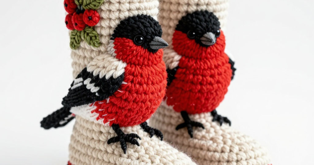 Снегири на прогулке: уютные вязаные сапожки