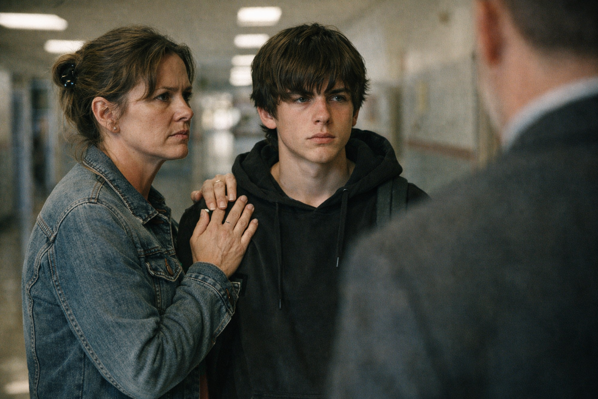 Мать и сын в школьном коридоре.