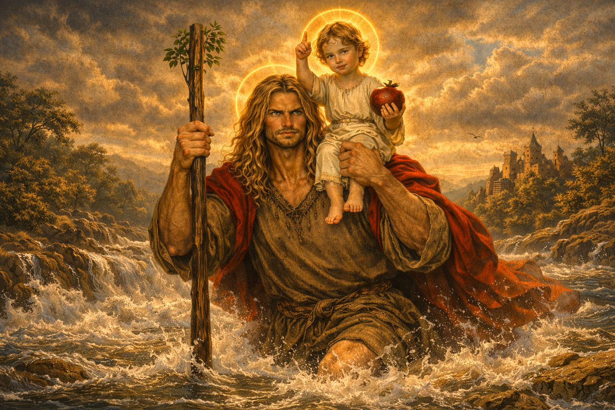 Святой Христофор идёт через бурную реку, неся на плечах Младенца Христа. Христофор — как на референсе: высокий могучий мужчина с длинными волнистыми светло-русыми волосами, благородным сильным лицом, в простой коричневатой одежде и с глубоким красным плащом, в руке высокий деревянный посох. На плечах — светлый Младенец Христос с золотым нимбом, в одной руке у Него плод граната, другой рукой Он благословляет. Вокруг золотистый небесный свет, бурная вода, далёкий замок на холме