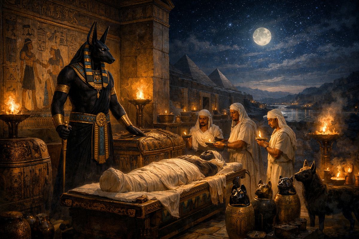 Древний Египет, ночь над некрополем. Анубис — высокий человек с головой шакала в строгом египетском культовом облачении, с золотыми и сине-чёрными деталями, стоит у погребального ложа и древнего саркофага. Вокруг — факелы, росписи на стенах, канопы, жрецы в белых льняных одеждах, священная атмосфера погребального обряда. Позади — пустыня, каменные гробницы и звёздное небо над Нилом. Анубис не как монстр, а как строгий священный проводник мёртвых.