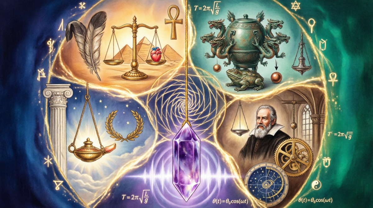 Коллаж: история маятника через призму культур и эпох. От пера Маат до вибрационных рядов