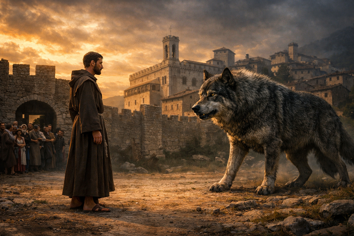 Святой Франциск Ассизский стоит на дороге перед огромным серым волком у ворот средневекового итальянского города Губбио. Франциск в простом коричневом монашеском одеянии, босой или в простых сандалиях, спокойный, тонкий, с сильным и светлым лицом. Волк большой, мрачный, опасный, но уже остановленный невидимой духовной силой. На дальнем плане — каменные дома, башни, городские стены, испуганные жители у ворот. В небе мягкий золотисто-драматический свет после тревоги. Атмосфера чуда, мужества, мира сильнее насилия.