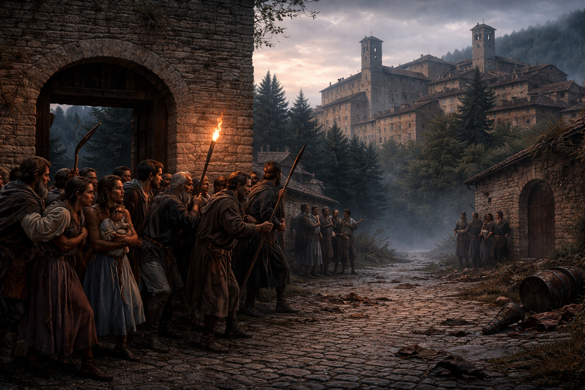 Средневековый итальянский город Губбио в состоянии страха. У городских ворот тревожные жители, женщины прижимают детей, мужчины с копьями и факелами смотрят в сторону тёмного леса. На земле следы паники, ощущение недавнего нападения. Каменные дома, башня, плотные стены, серое небо, холодный утренний свет. Атмосфера ужаса перед невидимой угрозой. 