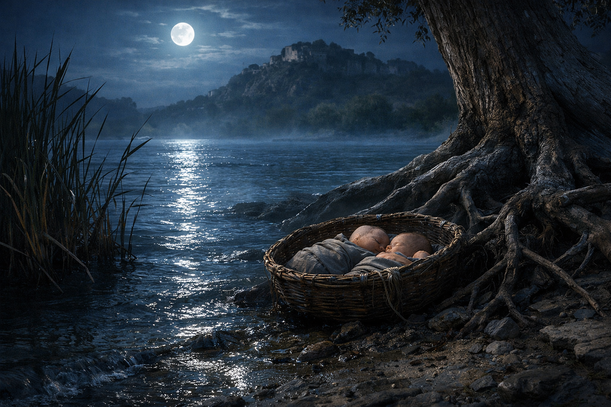 Ночной берег Тибра в древней Италии. Маленькая корзина с двумя младенцами прибивается к берегу среди камышей и корней старого дерева у подножия Палатина. Лунный свет, холодная вода, тревожная тишина, ощущение судьбы и начала великой истории.