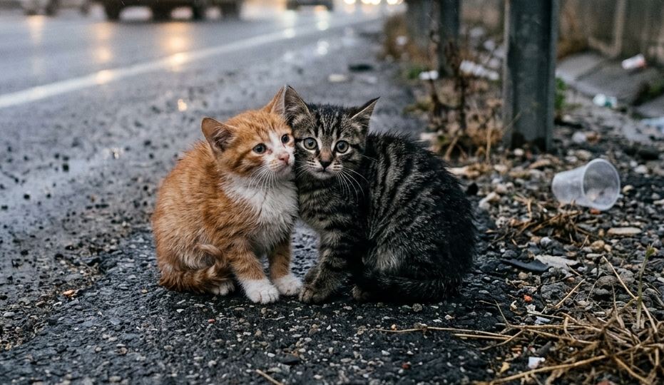 Два дрожащих котенка у оживленной дороги: добрый человек остановился и забрал домой