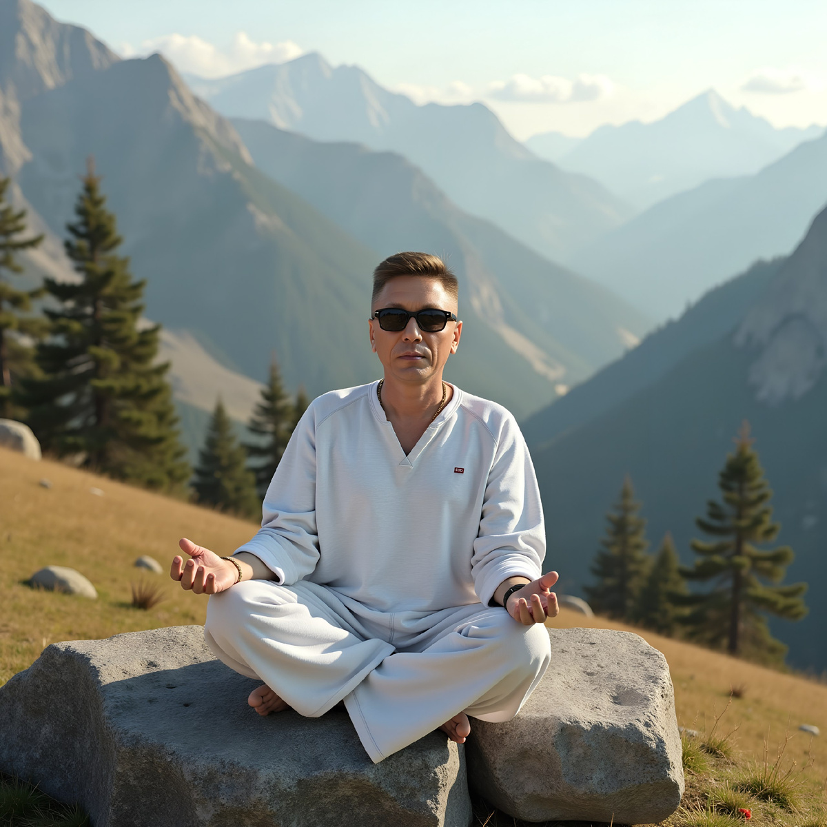 Психолог медитирует в горах Алтая