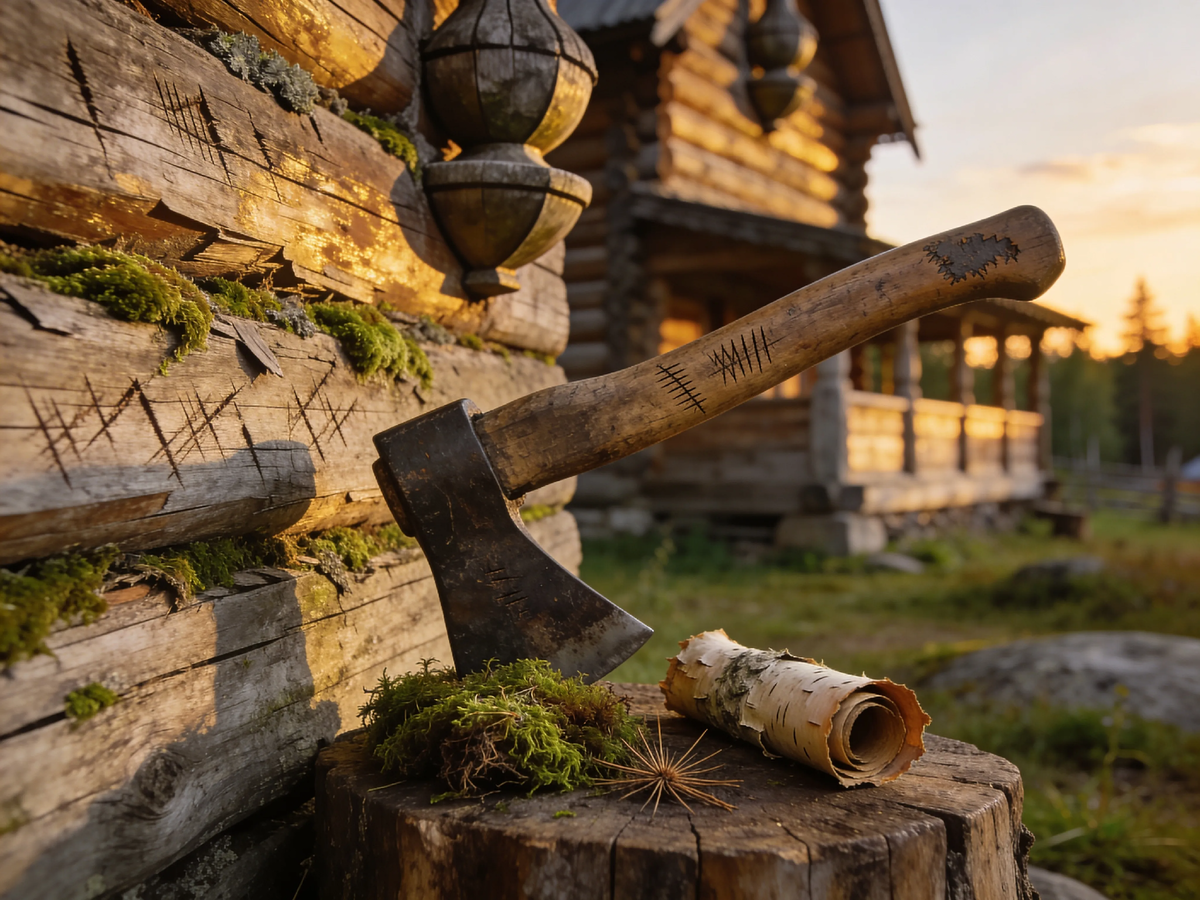 Бревно хранит следы топора, рукоять — тепло ладоней. Мох из того леса, где деды выбирали сосну по звону. Ни гвоздя, ни пилы — только топор, только геометрия, только уважение к дереву. Дома, которые строили так, стоят до сих пор. И молчат. 🪓🌲