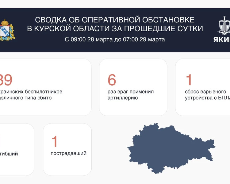     39 украинских БПЛА сбили в Курской области за сутки