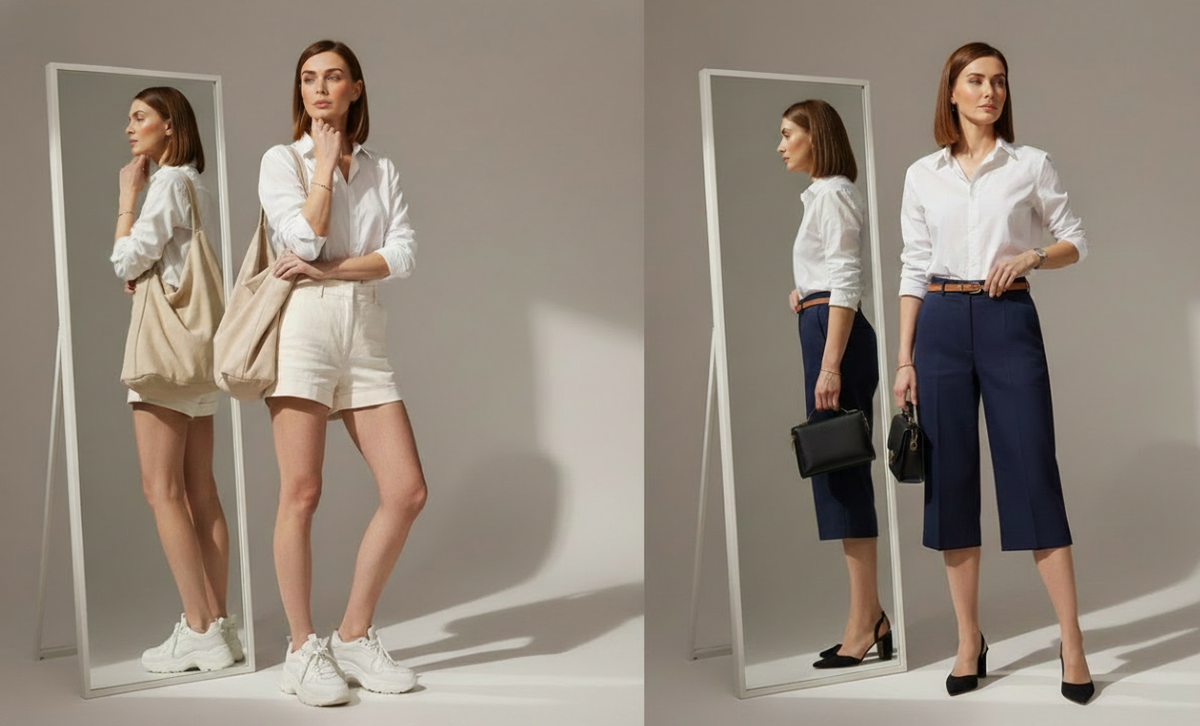 Сравнение: мини и бермуды на женщине. Справа высокая посадка и длина до колена делают ноги визуально длиннее