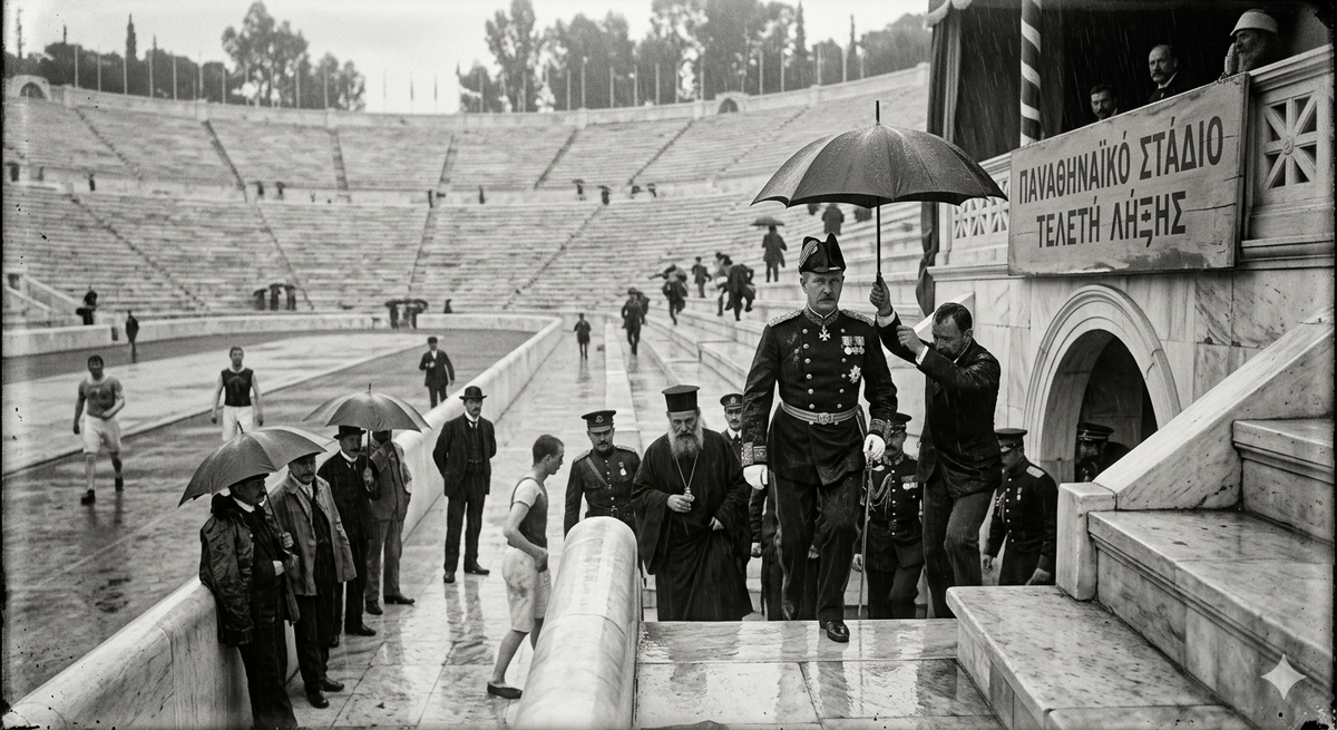 Король Георг I покидает королевскую ложу на Панатинаикосе из-за внезапного ливня, а зрители в спешке ищут укрытие. Изображение сгенерировано ИИ.