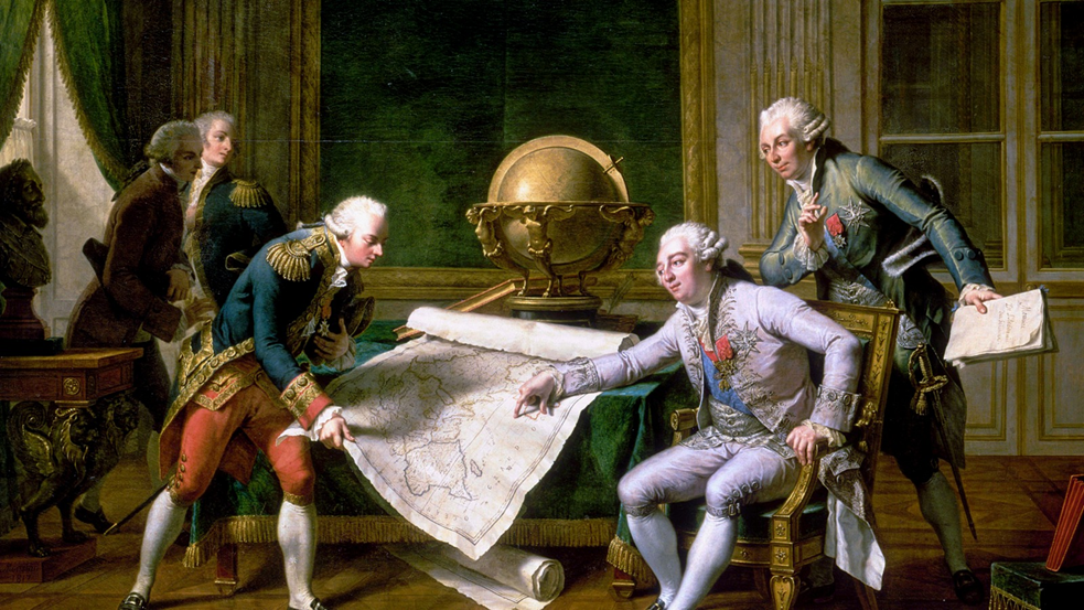 Людовик XVI дает Лаперузу инструкции перед отправлением экспедиции. Историческая живопись.