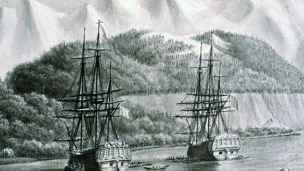 «Буссоль» и «Астролябия» во время экспедиции, рисунок эпохи.