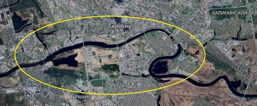 Гидроним Тюмени на реке Тура, в виде "тюленя". Старое название тюленя "тулень". В названии города заменена одна буква "л-м", возможно с целью скрыть очевидную связь формы гидронима и названия места.