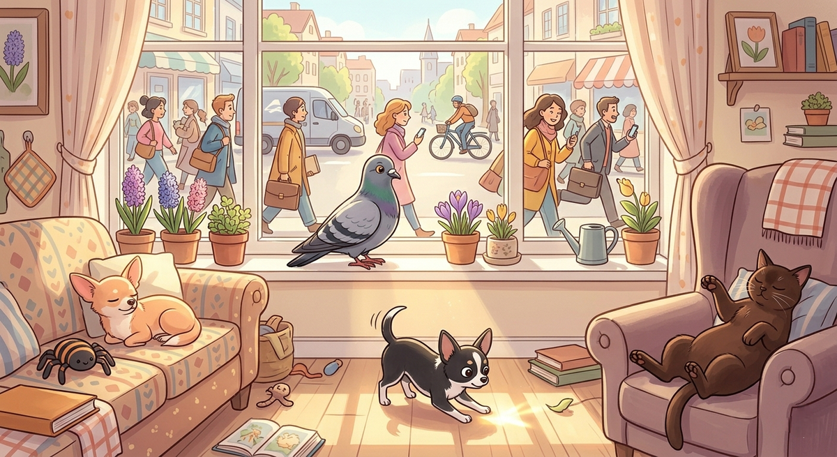 Моисей наблюдает за весенней спешкой людей и сравнивает с хвостиками, которые никуда не бегут. Вывод: счастье — это не скорость, а умение вовремя остановиться. Читайте в блоге «Жизнь с лапками» 🕊️🌿