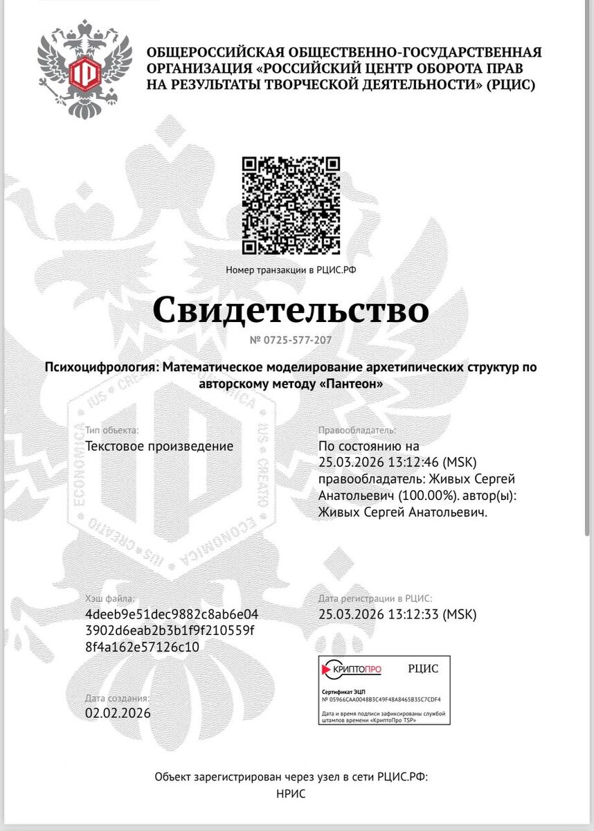 Метод Пантеон имеет защиту авторских прав, что подтверждается данным свидетельством