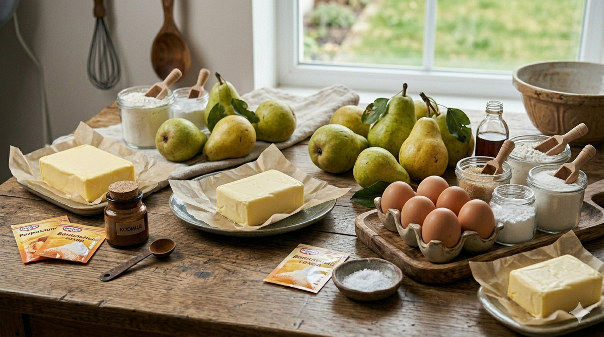 Груши спелые — 4 штуки (не переспелые — развалятся).                                                                           Яйца — 4 штуки.                                                                   Сахар — 180 г.                                                                      Мука — 180 г.                                                                              Масло сливочное — 50 г (растопленное).                        Разрыхлитель — 1 чайная ложка.                                 Ванильный сахар — 1 пакетик.                                        Корица — половина чайной ложки.                              Соль — щепотка.                                                                Сахарная пудра — для посыпки.                                     