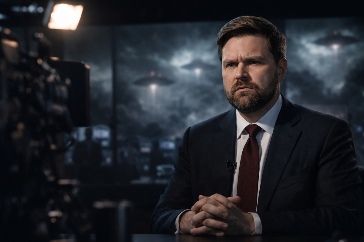 Современный американский политик высокого ранга даёт интервью в студии. Камеры, свет, серьёзное лицо, напряжённая атмосфера. На заднем плане — размытые экраны с абстрактными силуэтами неопознанных объектов в небе, без конкретных пришельцев. В кадре ощущение, что произносится фраза, которая соединяет политику, религию и тайну.