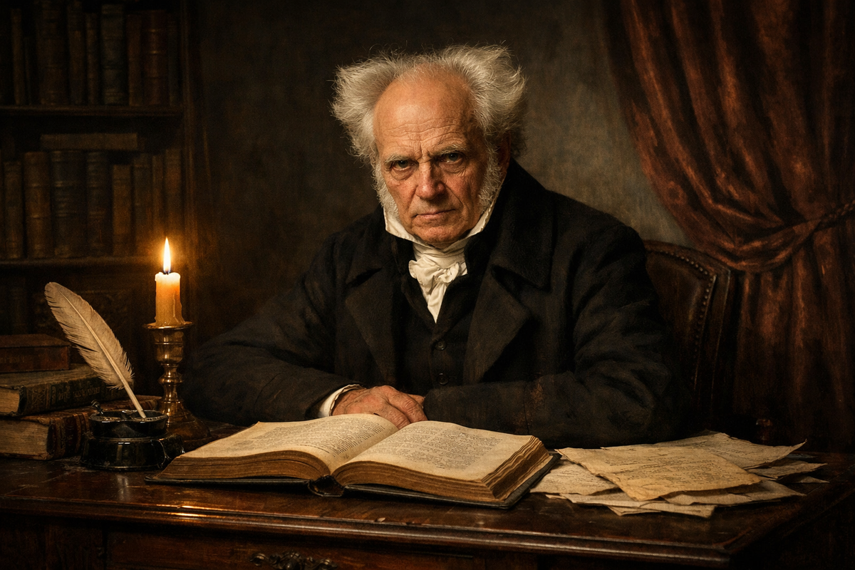 Артур Шопенгауэр в тёмном кабинете XIX века у письменного стола, свеча, книги, тяжёлые занавеси, сосредоточенный и немного суровый взгляд. На столе открытая книга, перо, рукописи. Атмосфера строгой мысли, внутренней дисциплины и интеллектуального одиночества.