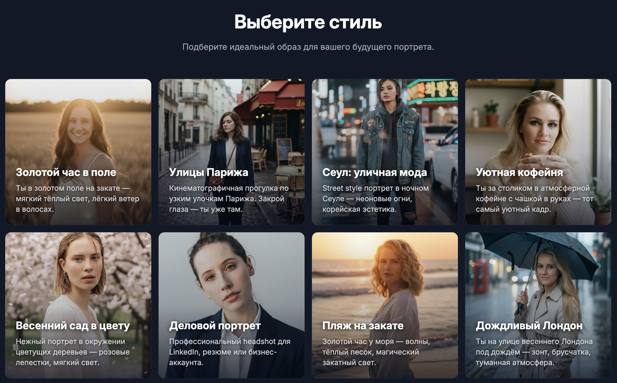 Страница выбора шаблона