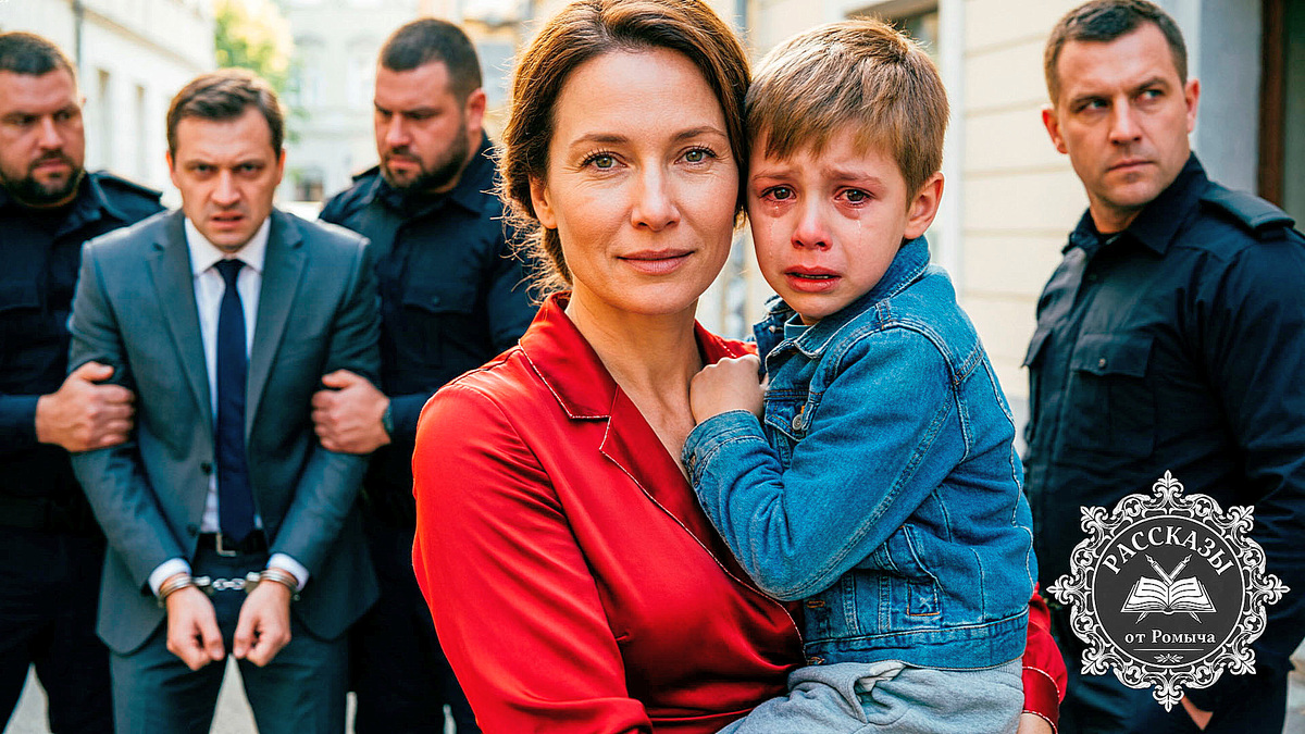 Женщина в ярко-красном шелковом платье. Она крепко обнимает за плечи маленького напуганного мальчика 7 лет. На заднем плане двое мужчин в деловых костюмах, один из них в наручниках, его уводят люди в темной форме.