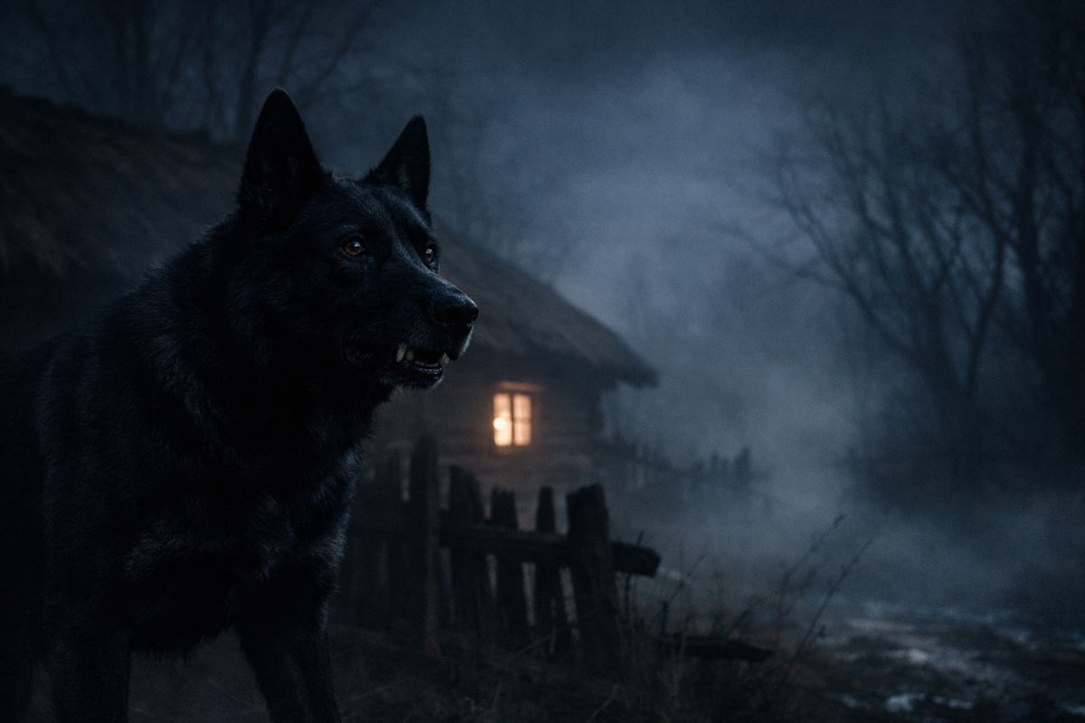 Ночной восточнославянский хутор, старая изба, туман над двором, голые деревья, тусклый свет из маленького окна. На переднем плане — большой тёмный пёс с напряжённой стойкой, умными глазами и слегка заметными волчьими клыками. Он смотрит в темноту за забором, будто чувствует невидимую угрозу. Атмосфера древнего страха, деревенской ночи и скрытой защиты.