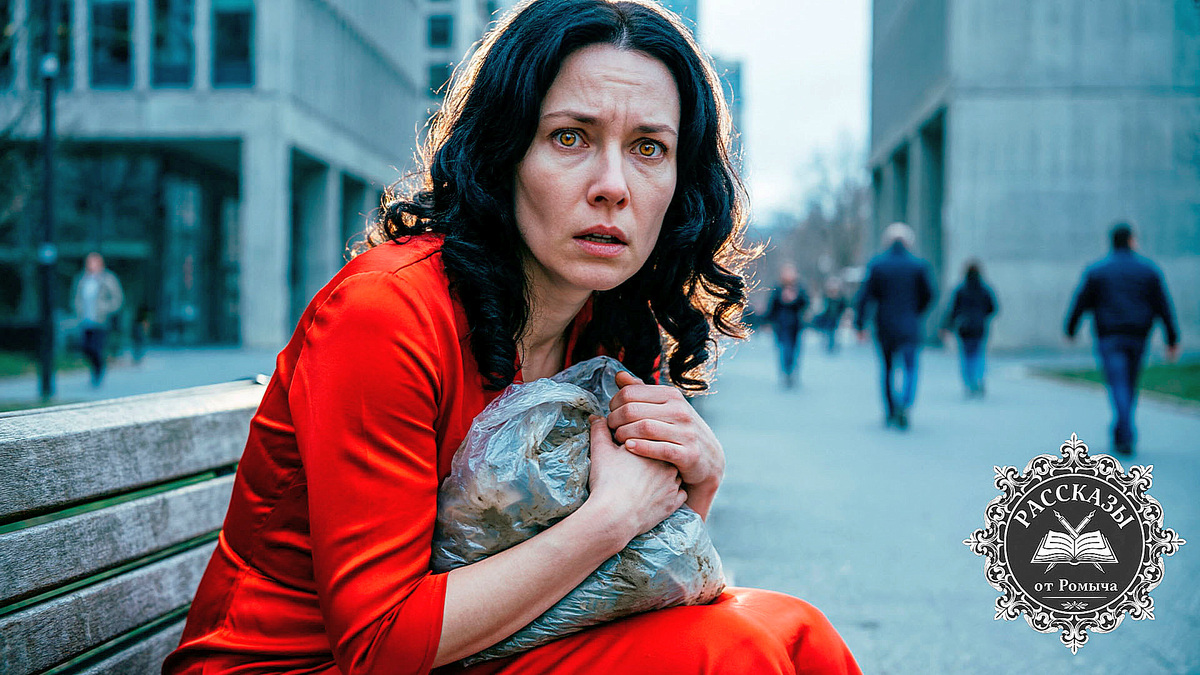 Женщина с янтарными глазами и черными волосами, в ярко-красном шелковом платье, сидит на скамейке в парке, прижимая к груди грязный полиэтиленовый пакет. Её лицо выражает полное опустошение и шок. На заднем плане размытые фигуры прохожих и серые стены города.