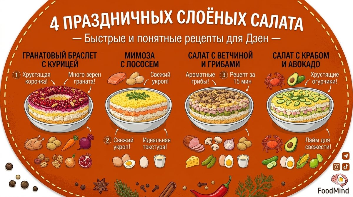 1. Гранатовый браслет с курицей 💎Этот салат — настоящий король праздничного стола. Его яркий вид и необычное сочетание ингредиентов всегда вызывают восторг у гостей.Ингредиенты: Куриное филе (350 г), картофель (250 г), морковь (180 г), свекла (250 г), грецкие орехи (70 г), лук (1 шт.), зерна граната (180 г).Секрет FoodMind: Чтобы «кольцо» получилось ровным, в центр блюда поставьте стакан, смазанный растительным маслом. Выкладывайте слои вокруг него, а перед подачей аккуратно выньте стакан.2. Мимоза с лососем 🐟Забудьте про скучную консервированную сайру. Попробуйте приготовить «Мимозу» с нежным лососем — это совершенно другой уровень вкуса.Ингредиенты: Лосось (консервированный или слабосоленый — 250 г), картофель (300 г), морковь (200 г), яйца (4 шт.), лук (1 шт.), майонез (170 г), свежий укроп.Секрет FoodMind: Чтобы салат был воздушным, натирайте овощи и яйца на мелкой терке прямо над блюдом, не приминая слои ложкой.3. Салат с ветчиной и грибами 🍄Сытный, ароматный и очень понятный салат для тех, кто любит классические сочетания.Ингредиенты: Ветчина (250 г), обжаренные шампиньоны (250 г), лук (90 г), картофель (300 г), маринованные огурчики (150 г), яйца (3 шт.), сыр (150 г).Секрет FoodMind: Чтобы грибы были ароматнее, обжаривайте их на смеси сливочного и растительного масел с добавлением веточки тимьяна.4. Экзотика: Краб и Авокадо 🥑Легкий, свежий и современный вариант для тех, кто следит за фигурой или просто хочет чего-то необычного.Ингредиенты: Крабовые палочки (1 упак.), авокадо (200 г), свежий огурец (3 шт.), яйца (3 шт.), сыр (120 г), кукуруза (100 г), сок лайма (10 мл).Секрет FoodMind: Обязательно сбрызните нарезанное авокадо соком лайма или лимона, иначе оно потемнеет и испортит вид салата.