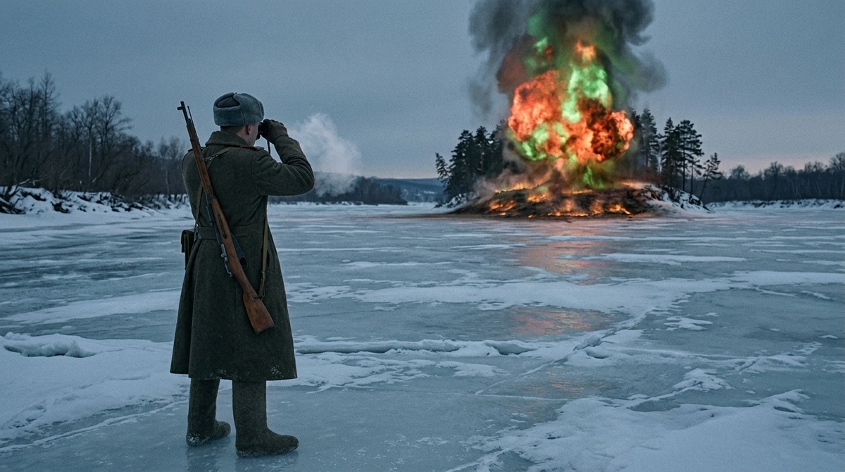 Оплавленный остров Даманский, советский пограничник смотрит на огненный смерч.