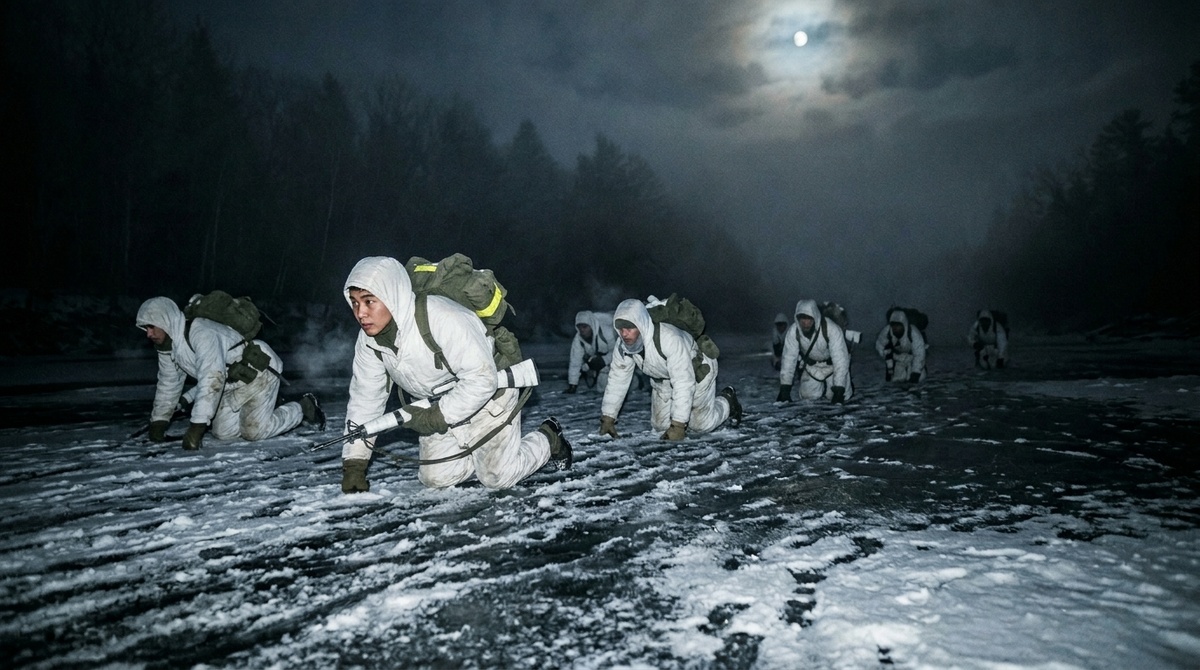 Китайский спецназ в белых маскхалатах тайно переходит замерзшую реку Уссури