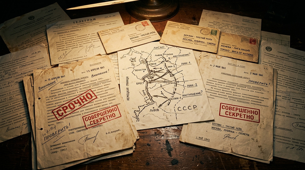 Разведывательные донесения весны 1941 года шли в Москву со всех концов Европы — и оседали в папках с пометкой «дезинформация». Визуализация образа.