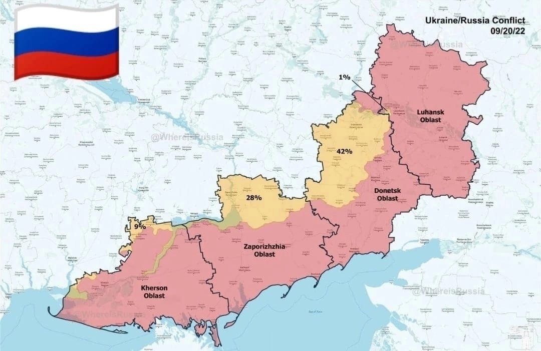 Карта оккупации бандеровским режимом Украины (при прямой поддержке Запада) новых территорий России по состоянию на 20.09.2022-го года. Оккупация ДНР и Запорожской области уменьшилась почти наполовину, однако правобережье Херсонской области с самим Херсоном всё ещё под пятой бандеровцев.