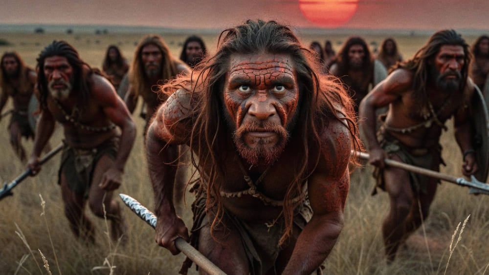 На фотографии изображены древние люди с копьями, бегущие по высокой сухой траве на фоне большого красного солнца. Лица украшены узорами, тела покрыты шкурами. Изображение сгенерировано в ИИ для иллюстрации идеи.