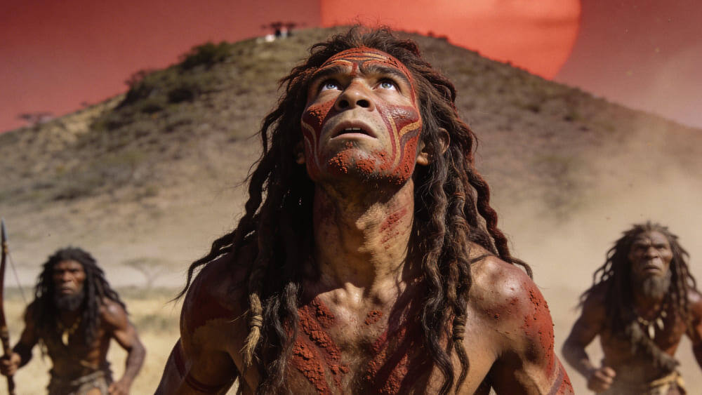 На фотографии изображен человек со спутанными волосами и красной краской на лице и теле, смотрящий вверх на фоне холма и красноватого неба. Изображение сгенерировано в ИИ для иллюстрации идеи.