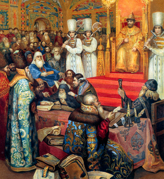 Литография "Составление соборного уложения при Алексее Михайловиче. (1649 г.)" Художник Н.Некрасов (1916)