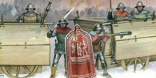 Вагенбург (нем. Wagenburg — «город из повозок») - средневековое оборонительное сооружение из сцепленных обозных телег, образующих каре, круг или полукруг. Повозки разворачивались запряжкой внутрь, создавая защищенную крепость для пехоты и артиллерии против рыцарской конницы. Особую известность получили в Гуситских войнах