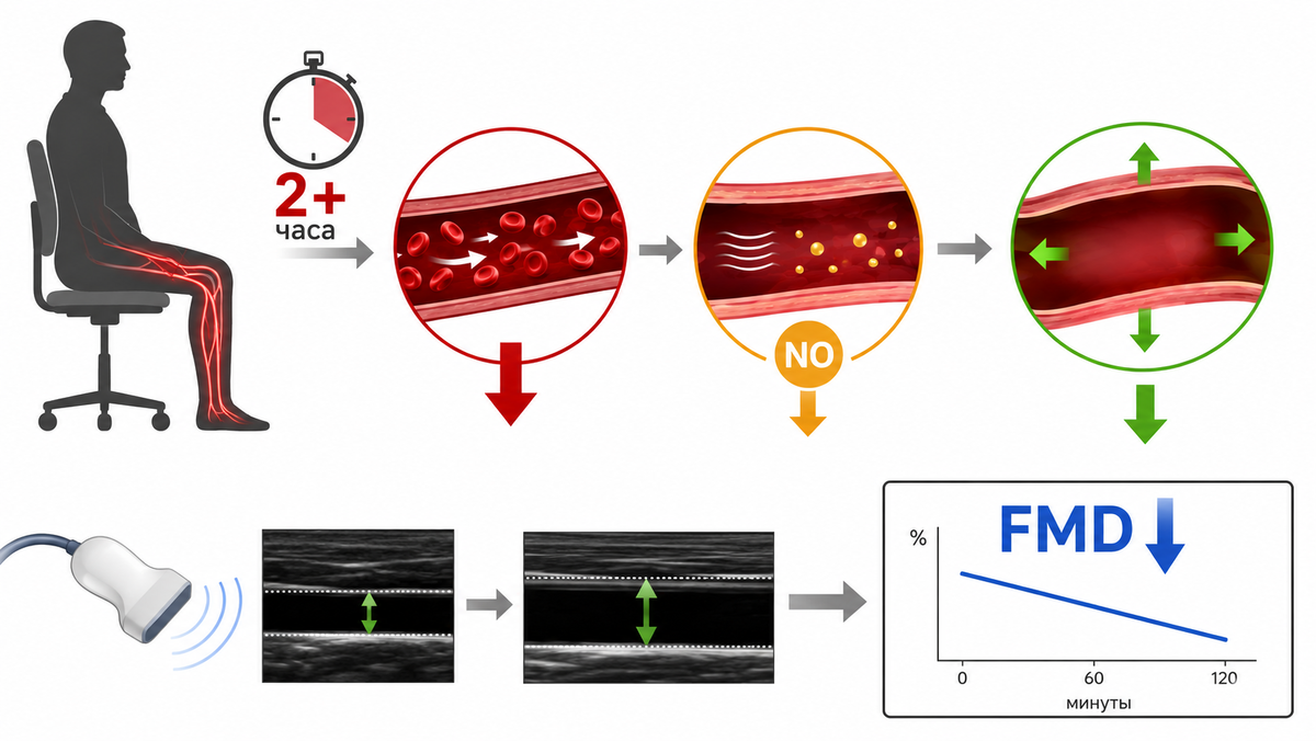 FMD (flow-mediated dilation) — это показатель того, насколько хорошо сосуд способен расширяться в ответ на усиление кровотока. В норме поток крови создаёт механическое давление на внутреннюю стенку сосуда — эндотелий. В ответ эндотелий выделяет оксид азота (NO), который расслабляет сосудистую стенку и улучшает кровоснабжение тканей. Чем выше FMD, тем лучше сосуд реагирует на нагрузку. Исследования показывают, что уже после двух часов неподвижного сидения FMD заметно снижается: сосуды хуже расширяются, а эндотелий начинает работать менее эффективно. Это один из ранних маркеров сосудистой дисфункции, который используют в кардиологии и физиологии для оценки состояния сосудов ещё до появления симптомов болезни.