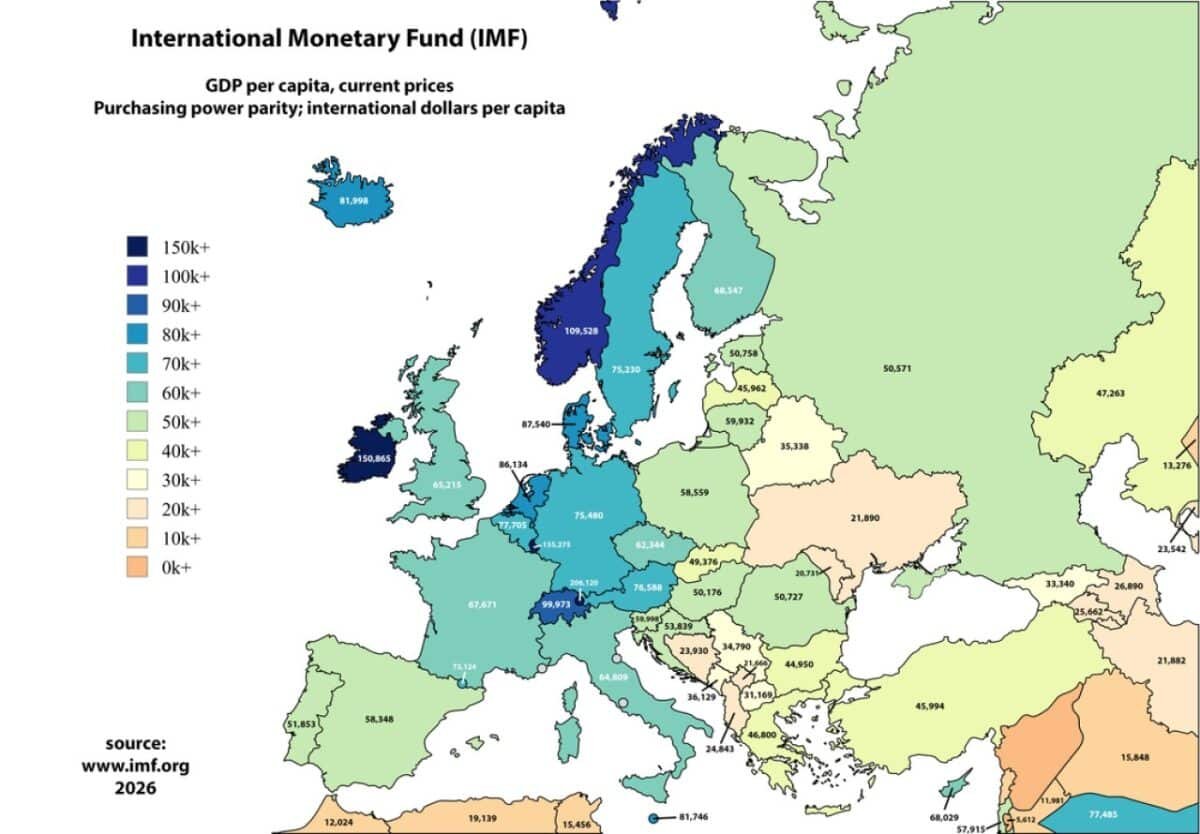    Инфографика: ВВП на душу населения в Европе в 2026 году / © Reddit