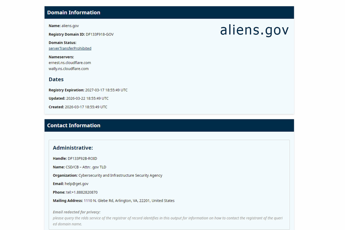 Домен aliens.gov зарегистрирован правительством США 17 марта 2026 года через CISA. Данные из официальной базы ICANN