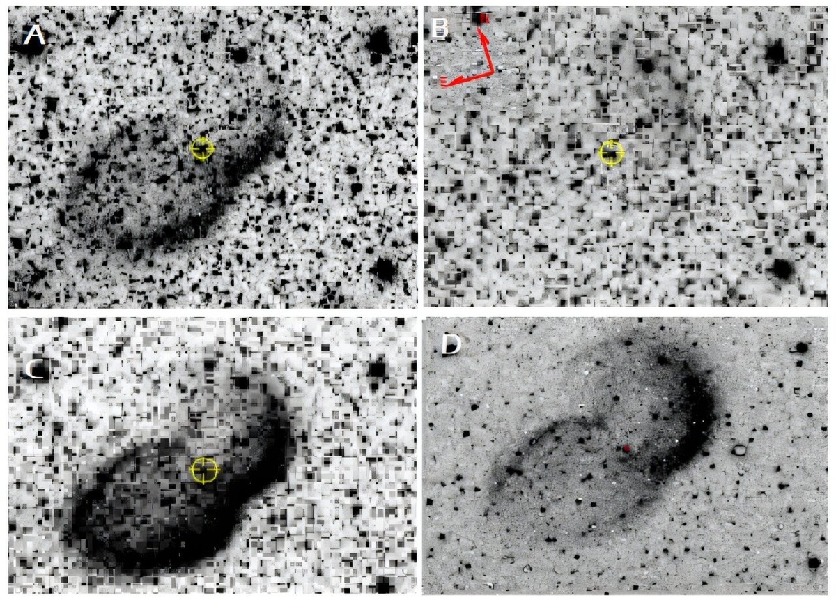 Изображения GK Персея, полученные телескопом SPHEREx, показывают распределение молекулярного водорода в различных линиях излучения. Изображение A демонстрирует основную линию молекулярного водорода, B и C — комбинации линий, позволяющие видеть более слабые структуры, а D показывает горячие молекулы водорода в дальнем инфракрасном диапазоне. Эти данные помогают визуализировать форму и размер окружающей водородной оболочки.    
 Источник: arXiv (2026). DOI: 10.48550/arxiv.2603.12991  📷
