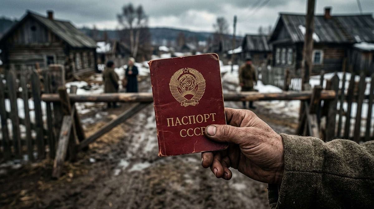 Красный советский паспорт на фоне глухой деревни