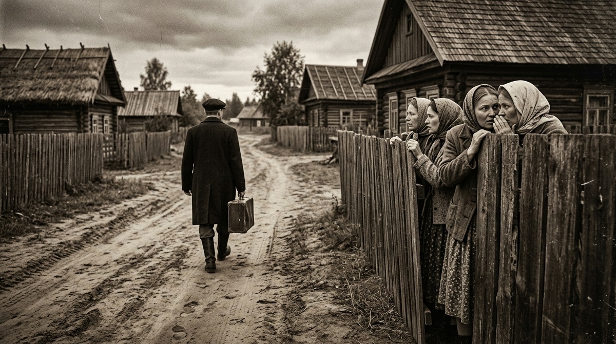 Чужак идет по пыльной деревенской дороге, местные жители шепчутся