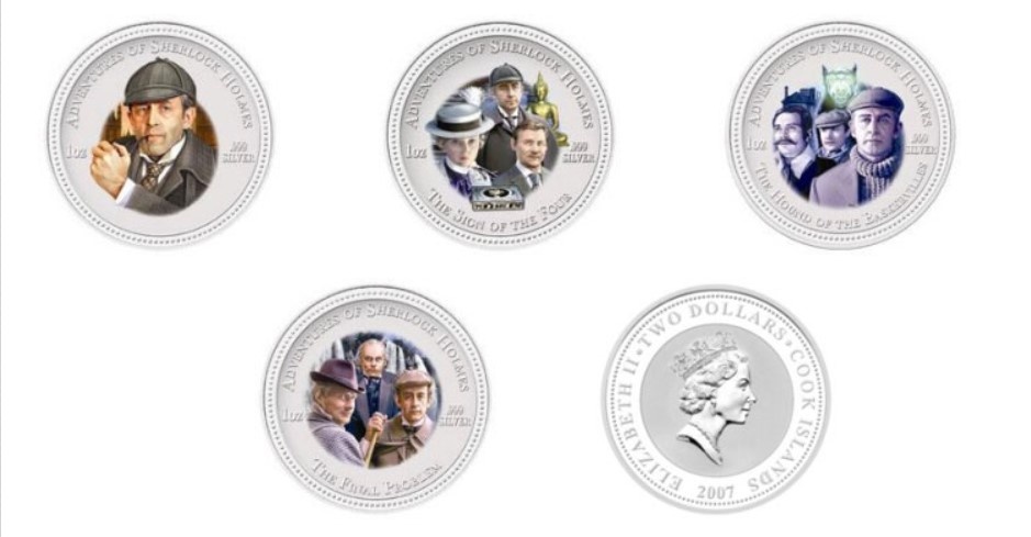 Коллекционная серия с героями советской экранизации о Шерлоке Холмсе и докторе Ватсоне. Монетный двор Новой Зеландии по заказу Островов Кука