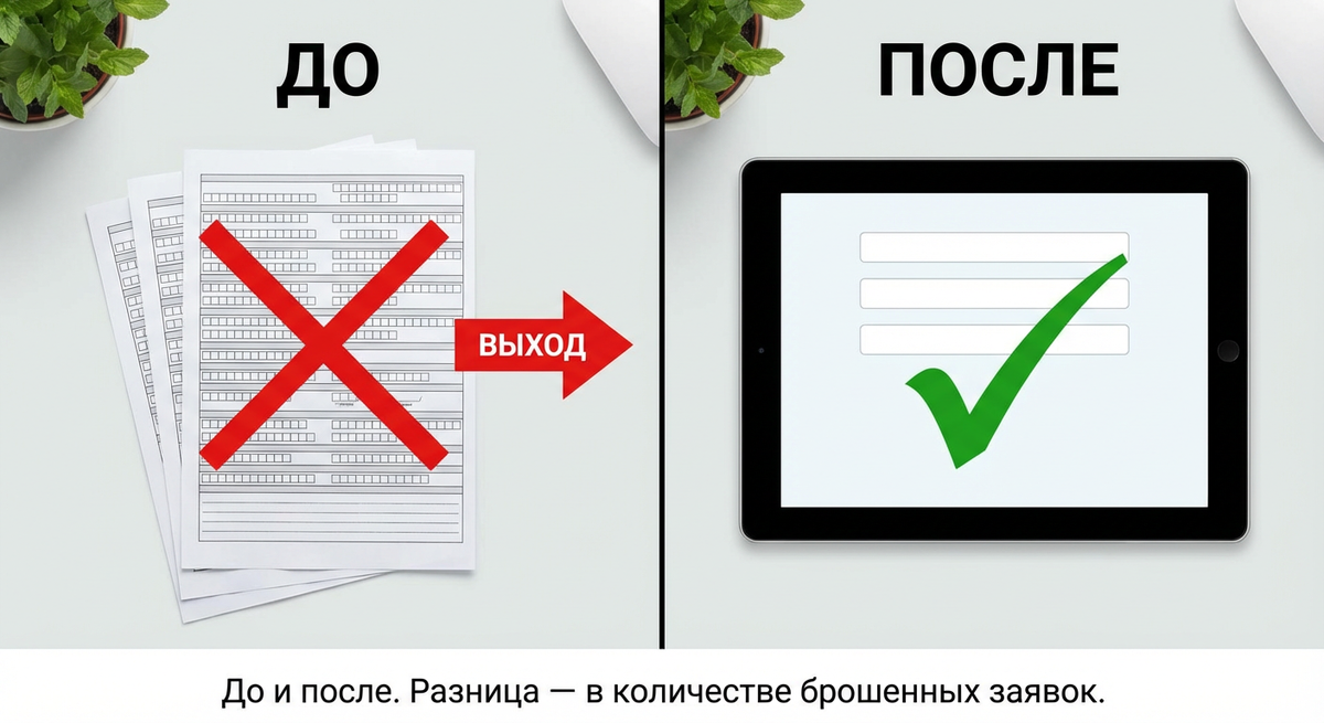 Сравнение перегруженной формы с множеством полей и простой формы с минимумом полей. Упрощение формы снижает количество брошенных заявок