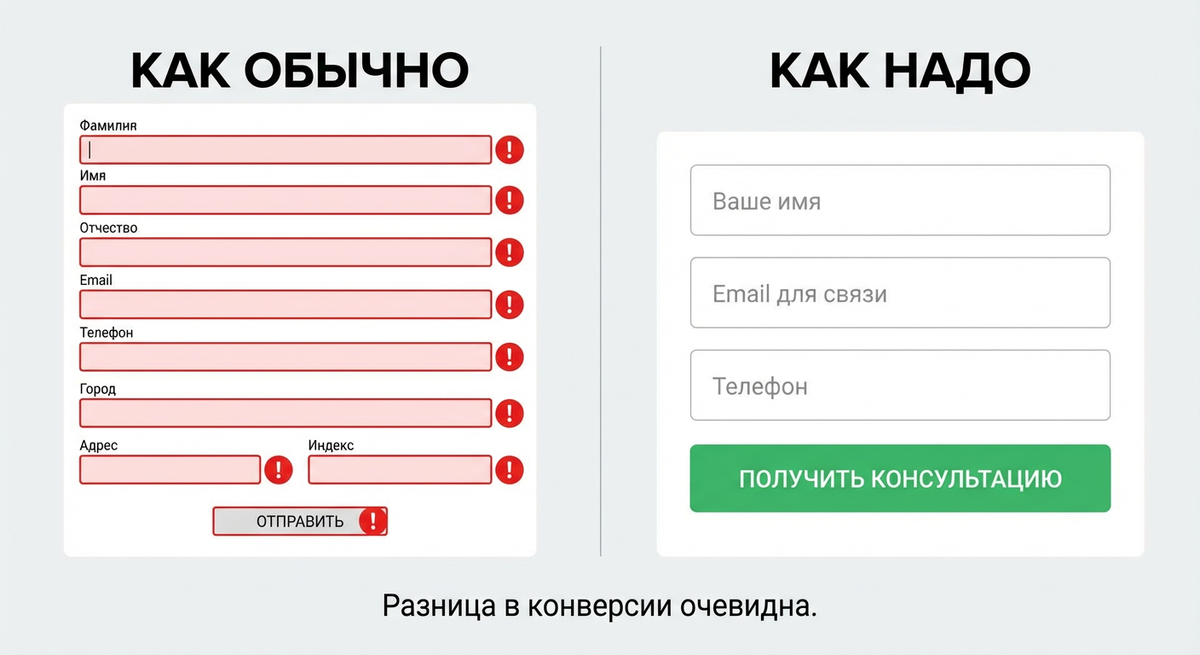 Налево — типичная перегруженная форма с 8 обязательными полями. Направо — оптимальная форма с 3 полями и чётким призывом к действию