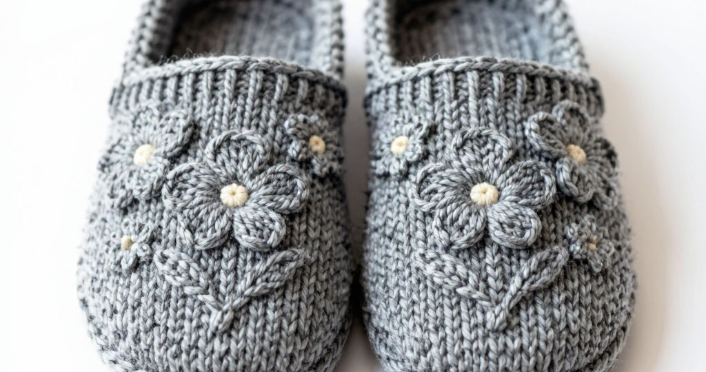 Тапочки, связанные с любовью: серый цвет и цветочные мотивы