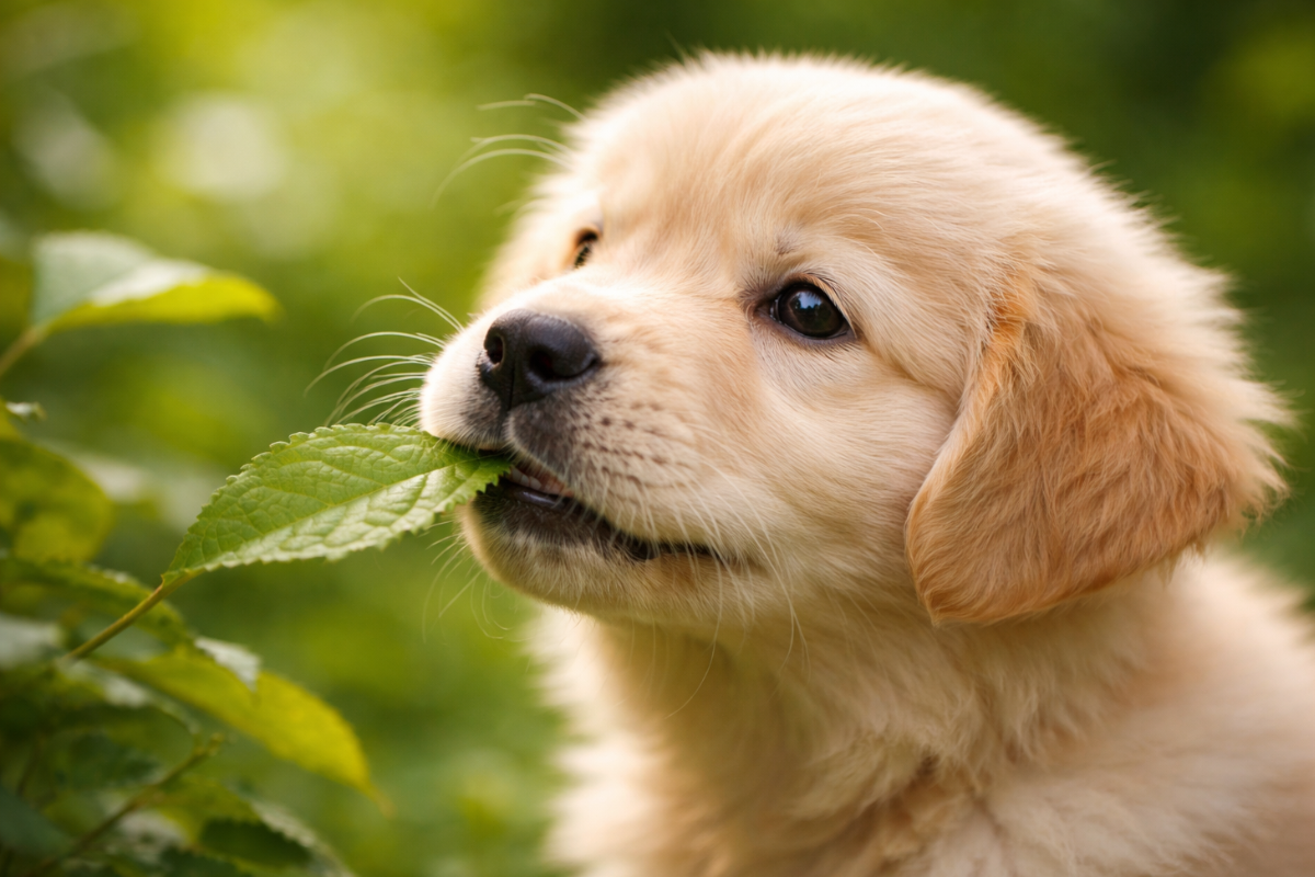 Щенок ест листья 